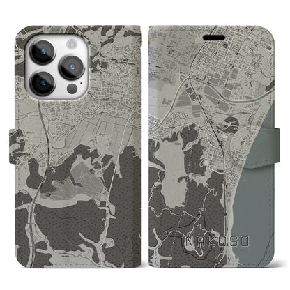 【勿来（福島県）】地図柄iPhoneケース（手帳タイプ）モノトーン・iPhone 14 Pro 用