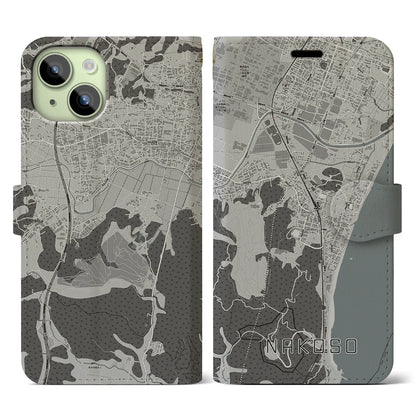 【勿来（福島県）】地図柄iPhoneケース（手帳タイプ）モノトーン・iPhone 15 用