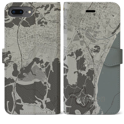 【勿来（福島県）】地図柄iPhoneケース（手帳タイプ）モノトーン・iPhone 8Plus /7Plus / 6sPlus / 6Plus 用