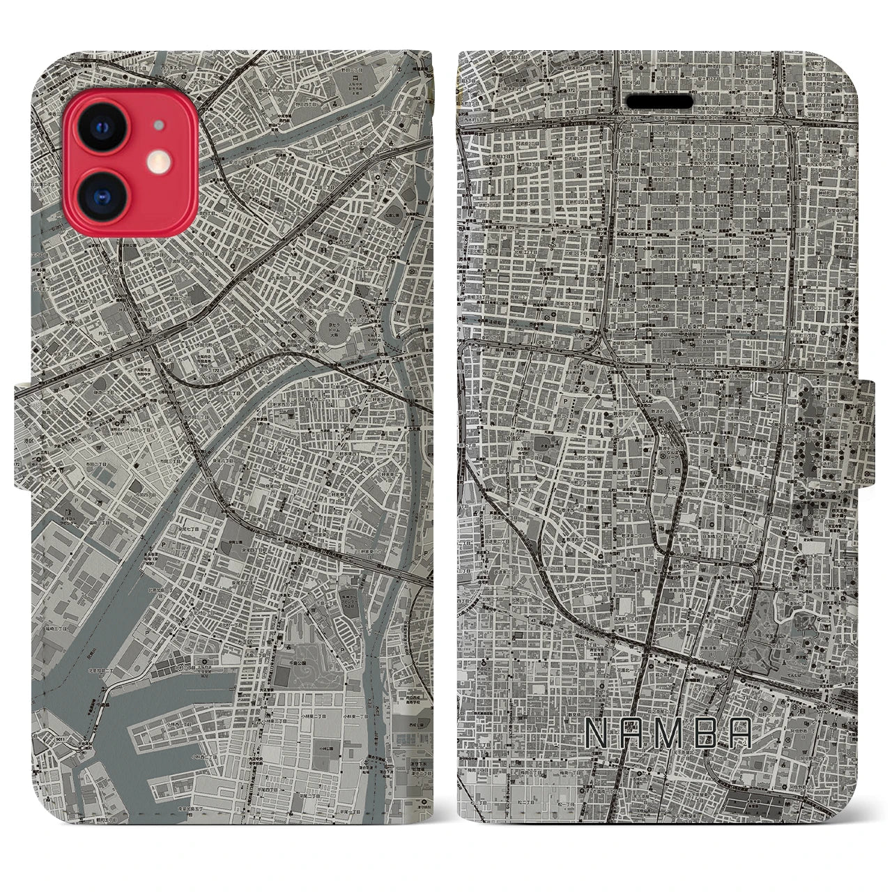 【難波】地図柄iPhoneケース（手帳両面タイプ・モノトーン）iPhone 11 用