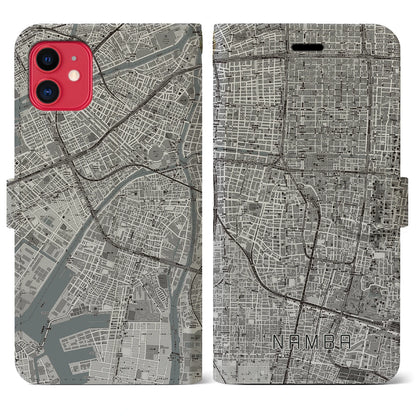 【難波（大阪府）】地図柄iPhoneケース（手帳タイプ）モノトーン・iPhone 11 用