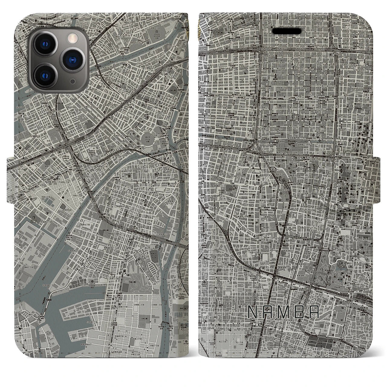 【難波】地図柄iPhoneケース（手帳両面タイプ・モノトーン）iPhone 11 Pro Max 用