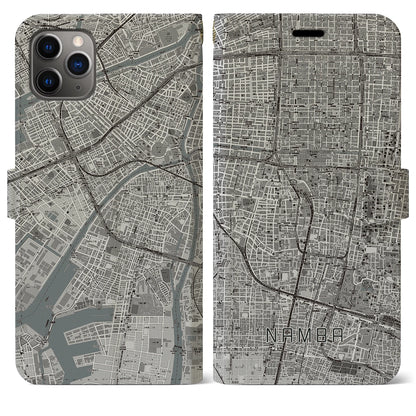 【難波（大阪府）】地図柄iPhoneケース（手帳タイプ）モノトーン・iPhone 11 Pro Max 用