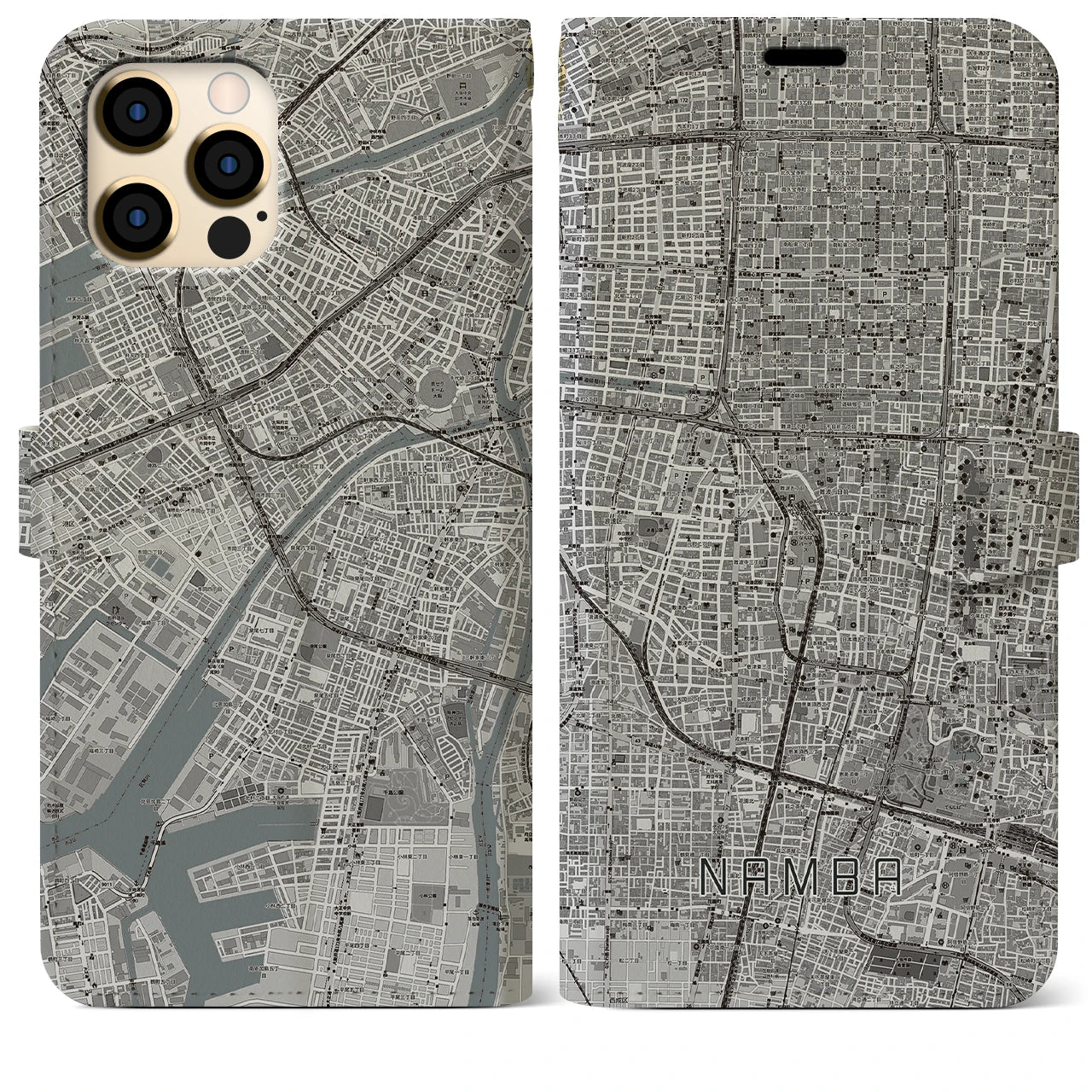 【難波】地図柄iPhoneケース（手帳両面タイプ・モノトーン）iPhone 12 Pro Max 用