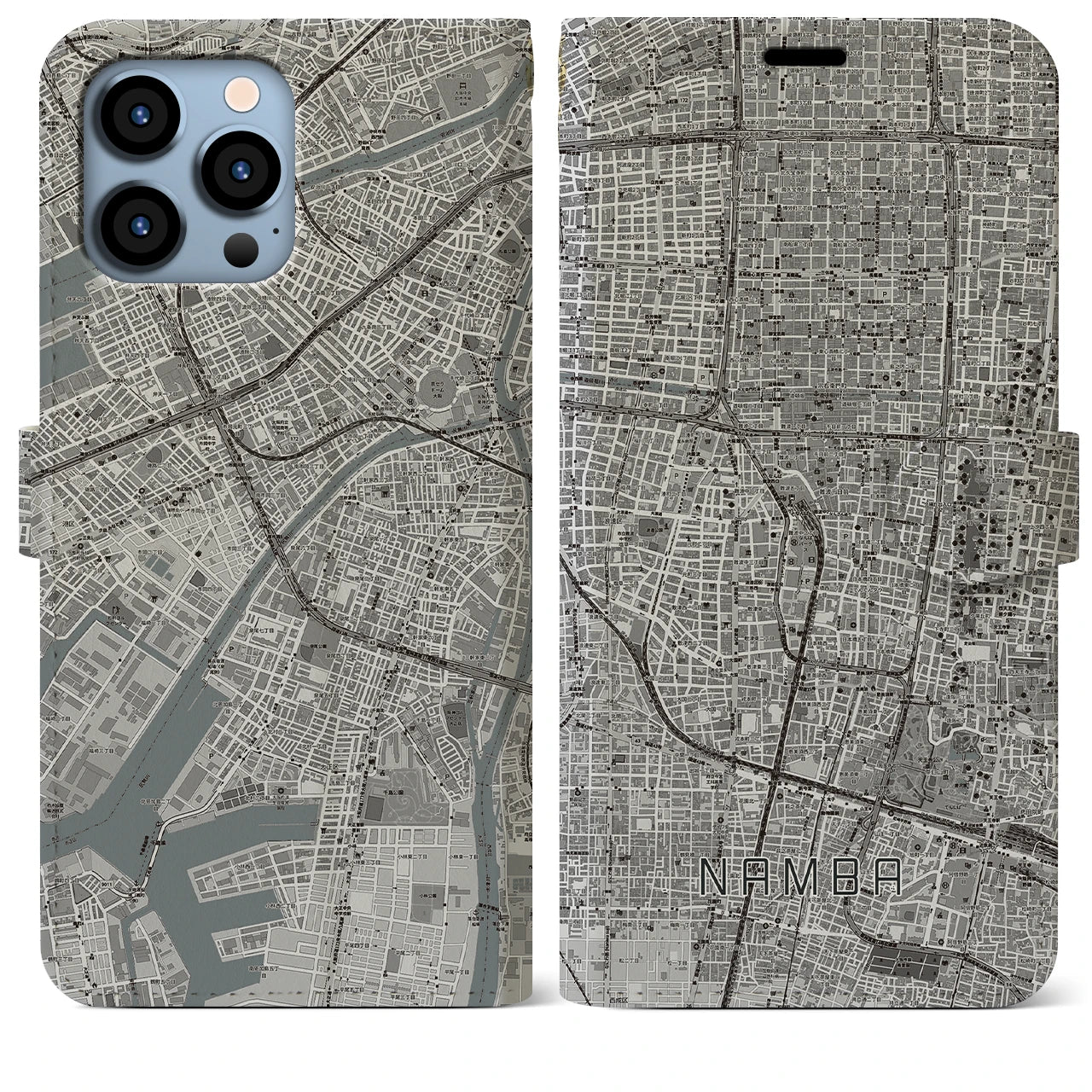 【難波】地図柄iPhoneケース（手帳両面タイプ・モノトーン）iPhone 13 Pro Max 用