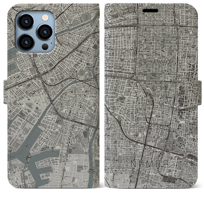 【難波（大阪府）】地図柄iPhoneケース（手帳タイプ）モノトーン・iPhone 13 Pro Max 用
