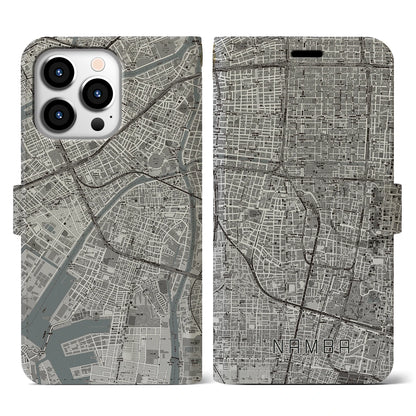 【難波（大阪府）】地図柄iPhoneケース（手帳タイプ）モノトーン・iPhone 13 Pro 用