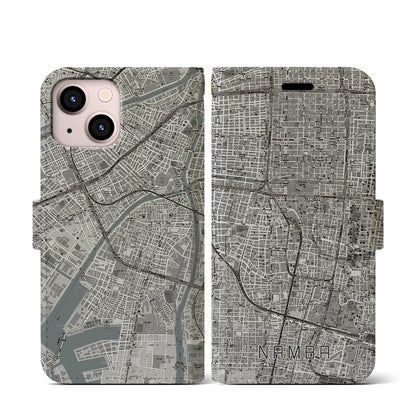 【難波（大阪府）】地図柄iPhoneケース（手帳タイプ）モノトーン・iPhone 13 mini 用