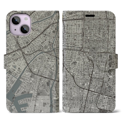 【難波（大阪府）】地図柄iPhoneケース（手帳タイプ）モノトーン・iPhone 14 用
