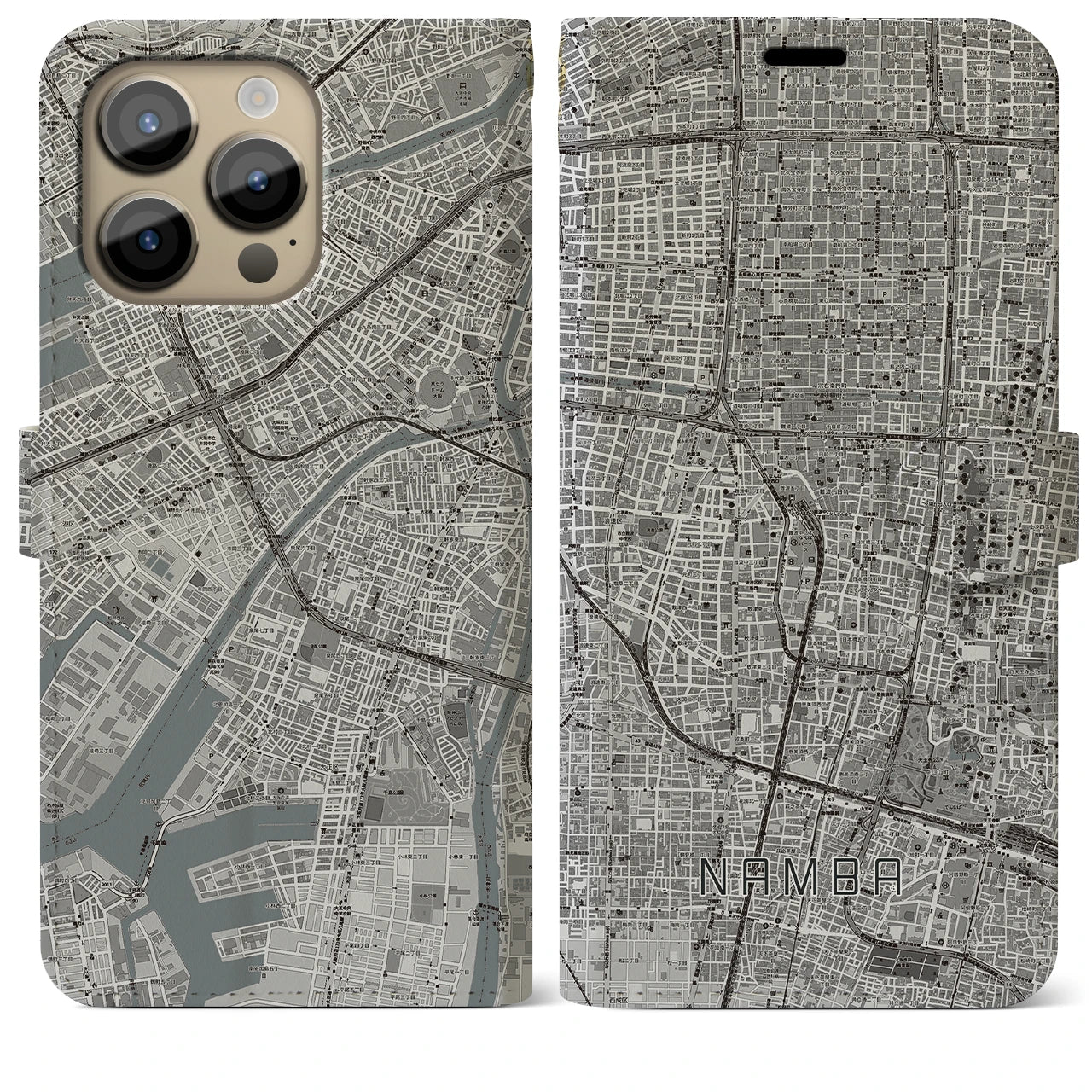 【難波】地図柄iPhoneケース（手帳両面タイプ・モノトーン）iPhone 14 Pro Max 用