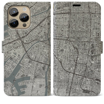 【難波（大阪府）】地図柄iPhoneケース（手帳タイプ）モノトーン・iPhone 14 Pro Max 用