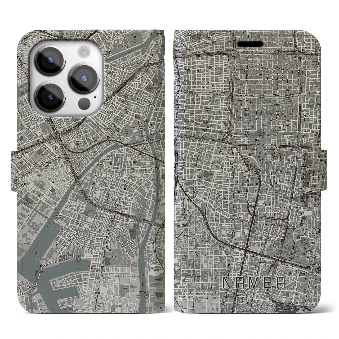 【難波】地図柄iPhoneケース（手帳両面タイプ・モノトーン）iPhone 14 Pro 用