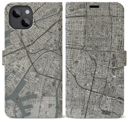 【難波（大阪府）】地図柄iPhoneケース（手帳タイプ）モノトーン・iPhone 14 Plus 用
