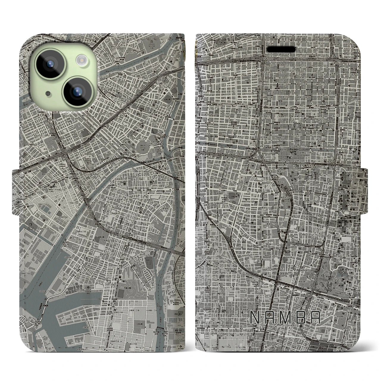 【難波】地図柄iPhoneケース（手帳両面タイプ・モノトーン）iPhone 15 用