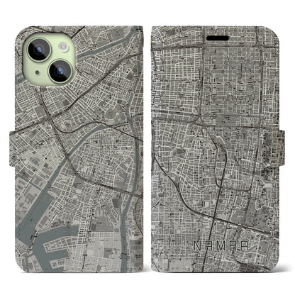 【難波（大阪府）】地図柄iPhoneケース（手帳タイプ）モノトーン・iPhone 15 用