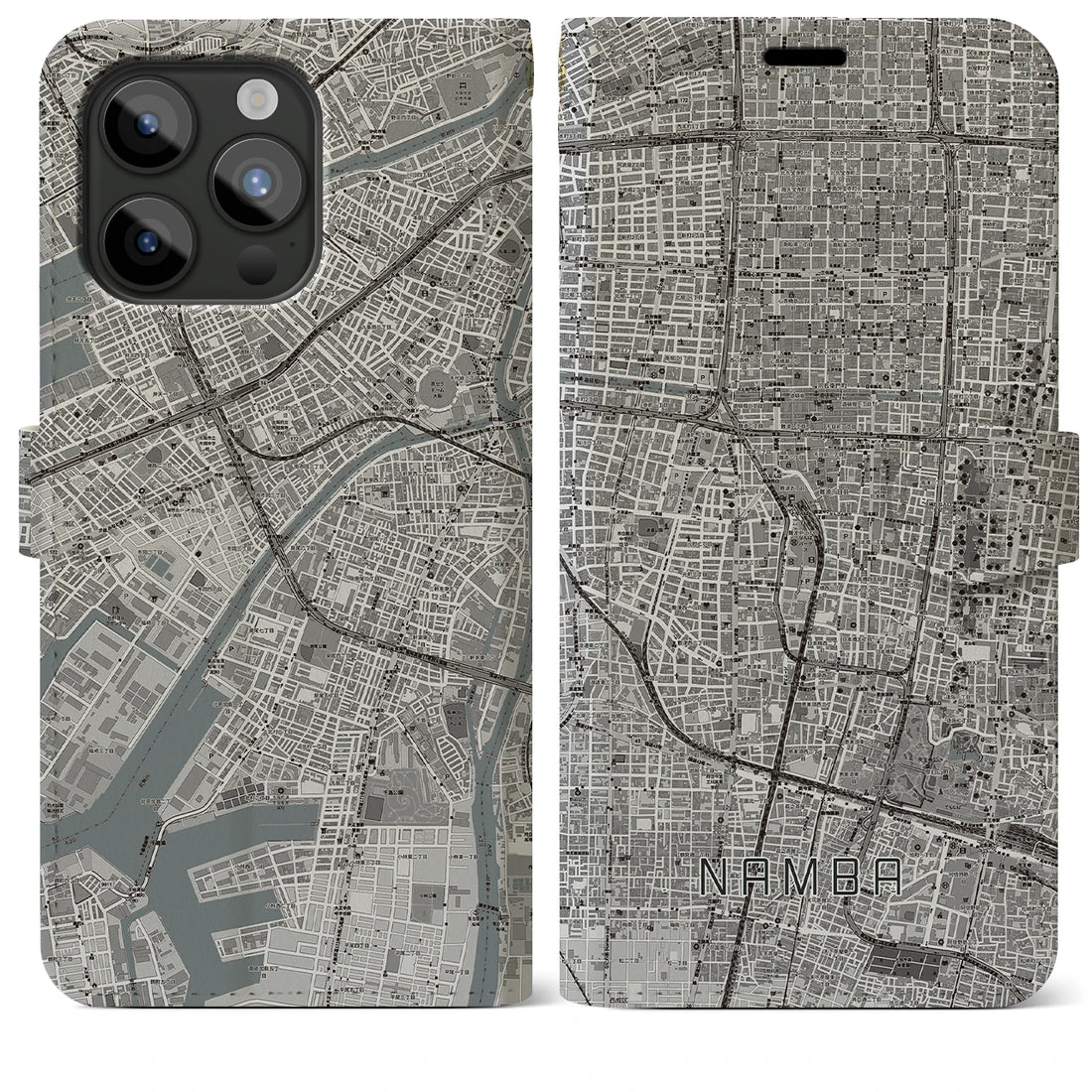 【難波】地図柄iPhoneケース（手帳両面タイプ・モノトーン）iPhone 15 Pro Max 用