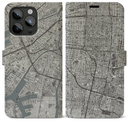 【難波（大阪府）】地図柄iPhoneケース（手帳タイプ）モノトーン・iPhone 15 Pro Max 用