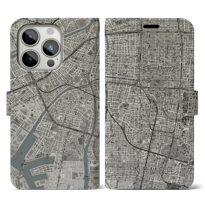 【難波（大阪府）】地図柄iPhoneケース（手帳タイプ）モノトーン・iPhone 15 Pro 用