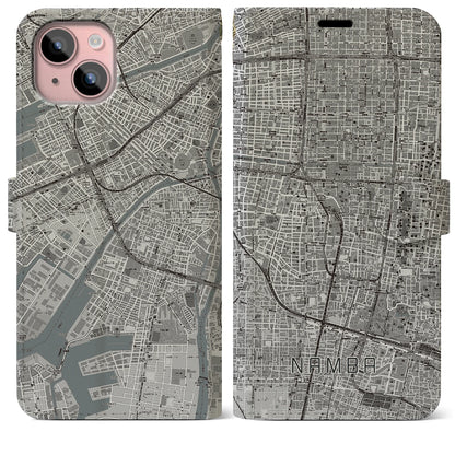 【難波（大阪府）】地図柄iPhoneケース（手帳タイプ）モノトーン・iPhone 15 Plus 用