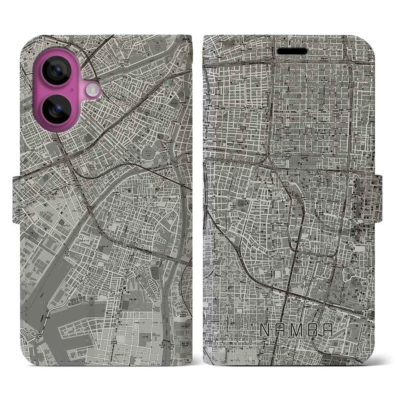 【難波（大阪府）】地図柄iPhoneケース（手帳タイプ）モノトーン・iPhone 16 Pro 用