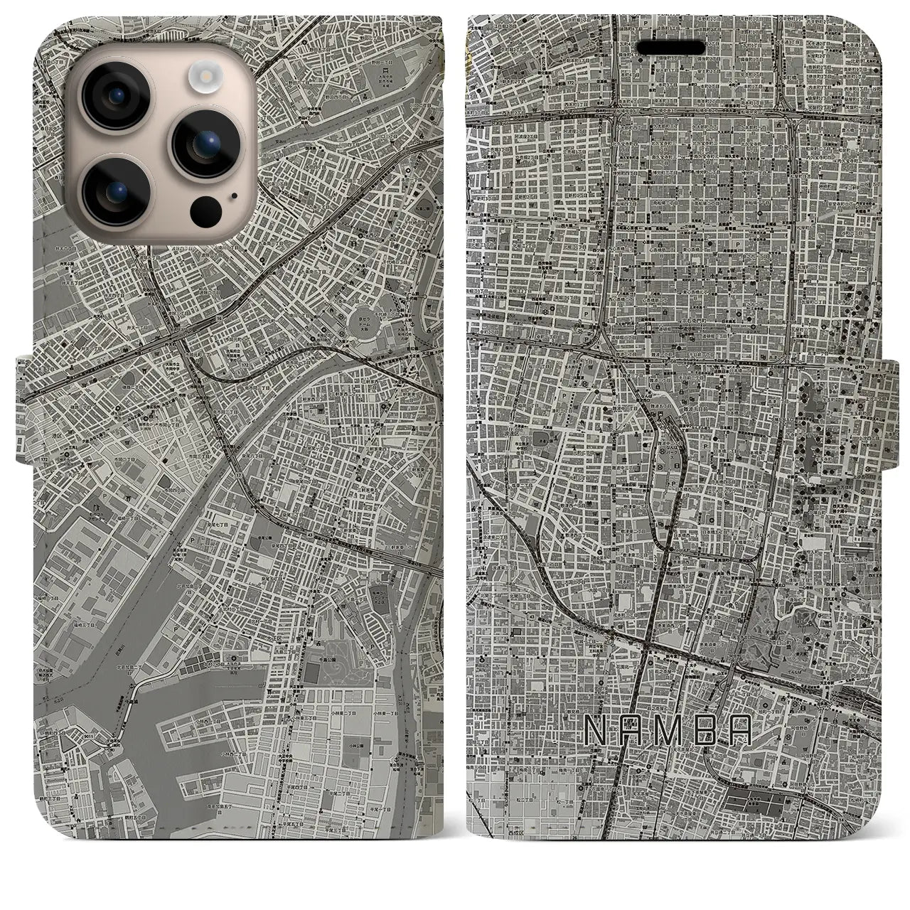 【難波（大阪府）】地図柄iPhoneケース（手帳タイプ）モノトーン・iPhone 16 Plus 用