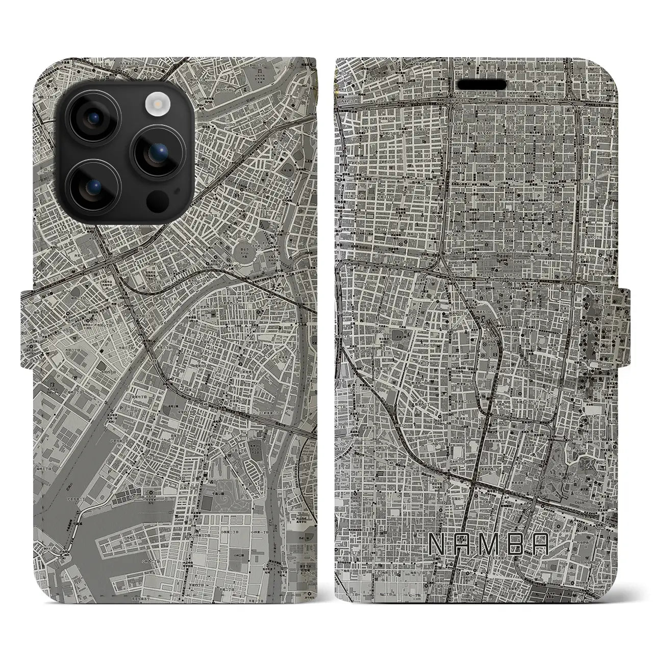 【難波（大阪府）】地図柄iPhoneケース（手帳タイプ）モノトーン・iPhone 16 用