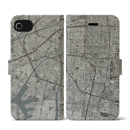 【難波（大阪府）】地図柄iPhoneケース（手帳タイプ）モノトーン・iPhone SE（第3 / 第2世代） / 8 / 7 / 6s / 6 用