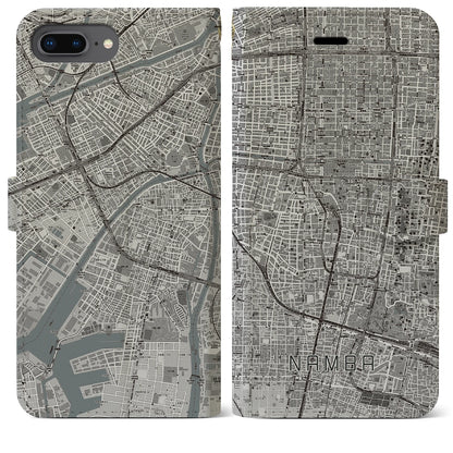 【難波（大阪府）】地図柄iPhoneケース（手帳タイプ）モノトーン・iPhone 8Plus /7Plus / 6sPlus / 6Plus 用