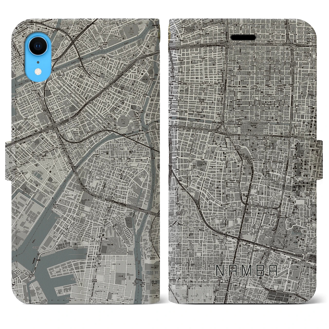 【難波】地図柄iPhoneケース（手帳両面タイプ・モノトーン）iPhone XR 用