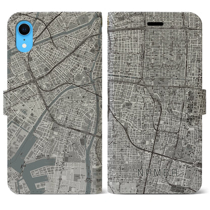 【難波（大阪府）】地図柄iPhoneケース（手帳タイプ）モノトーン・iPhone XR 用