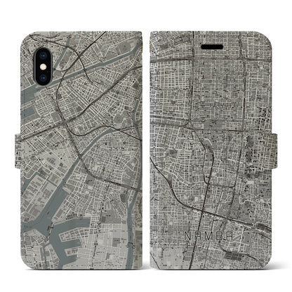 【難波（大阪府）】地図柄iPhoneケース（手帳タイプ）モノトーン・iPhone XS / X 用