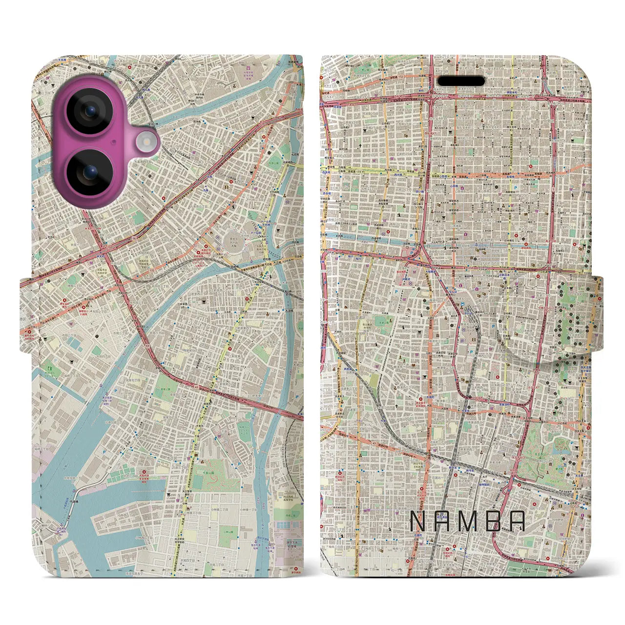 【難波（大阪府）】地図柄iPhoneケース（手帳タイプ）ナチュラル・iPhone 16 Pro 用