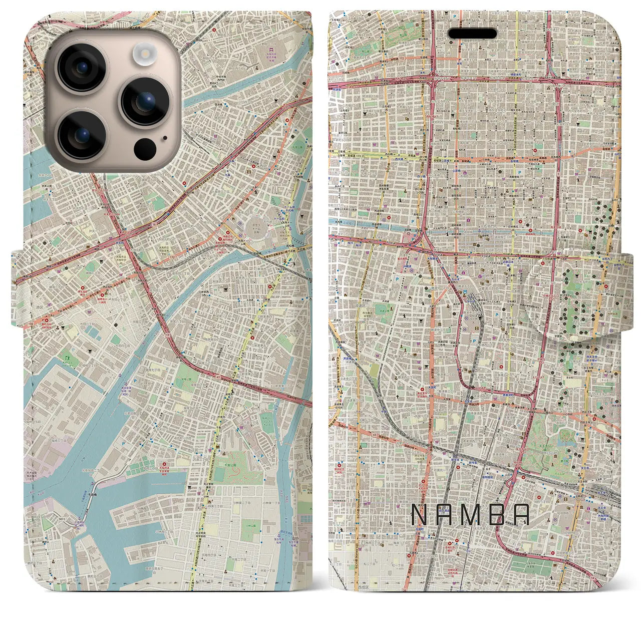 【難波（大阪府）】地図柄iPhoneケース（手帳タイプ）ナチュラル・iPhone 16 Plus 用