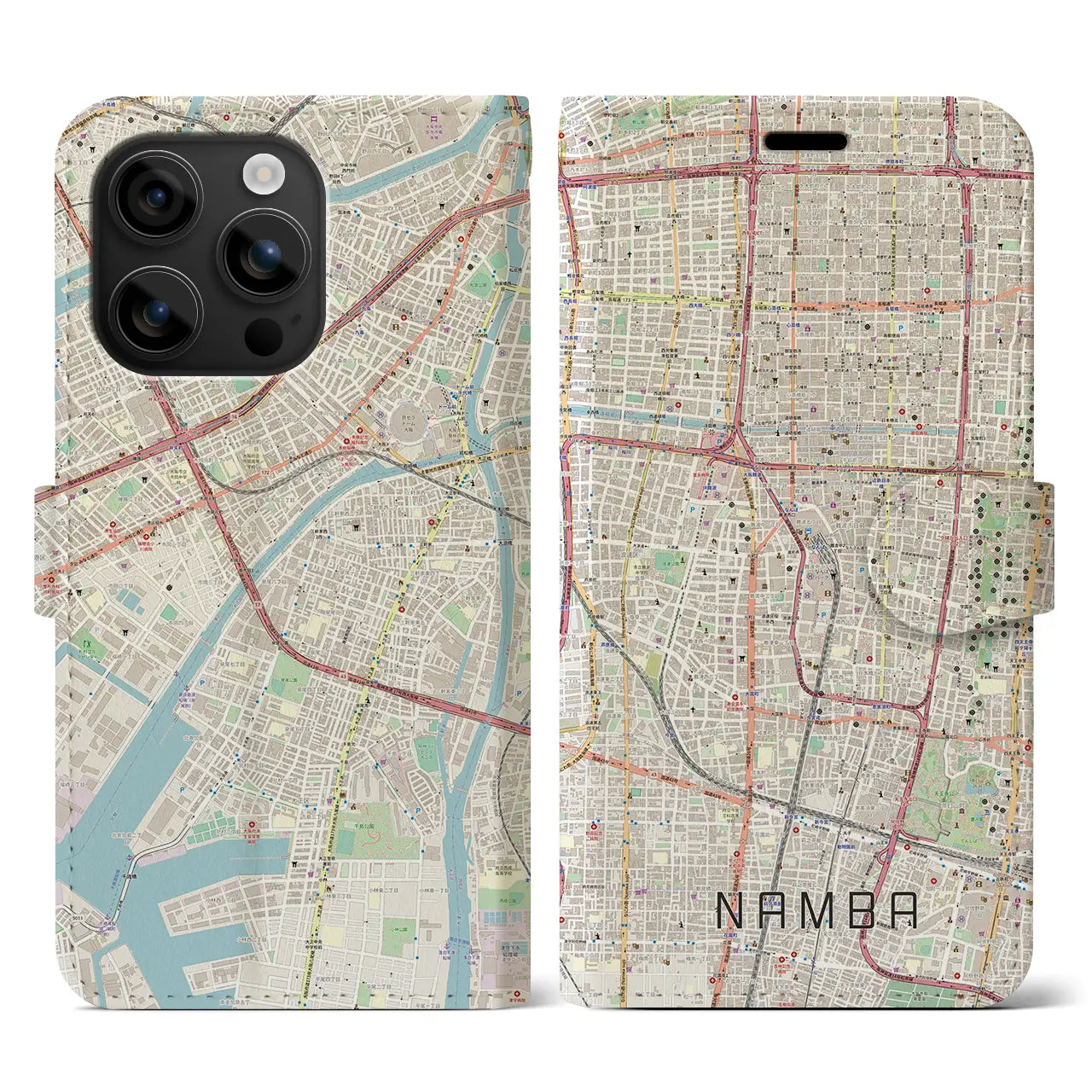 【難波（大阪府）】地図柄iPhoneケース（手帳タイプ）ナチュラル・iPhone 16 用