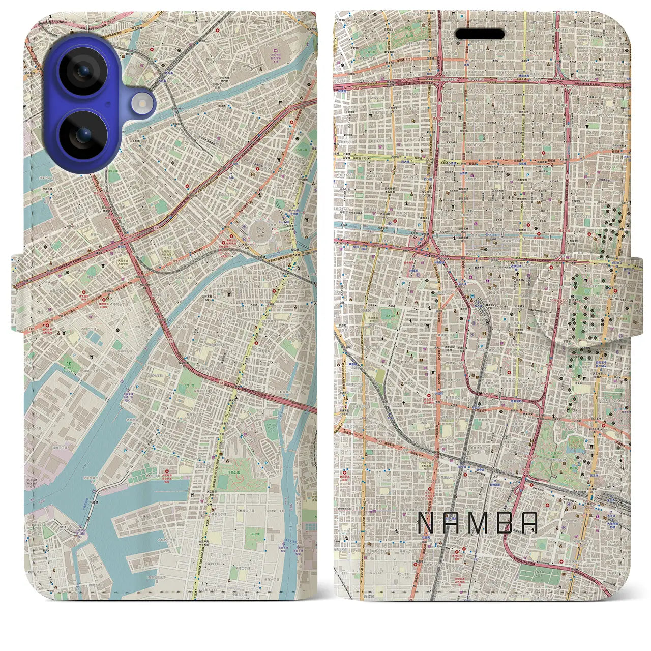 【難波（大阪府）】地図柄iPhoneケース（手帳タイプ）ナチュラル・iPhone 16 Pro Max 用