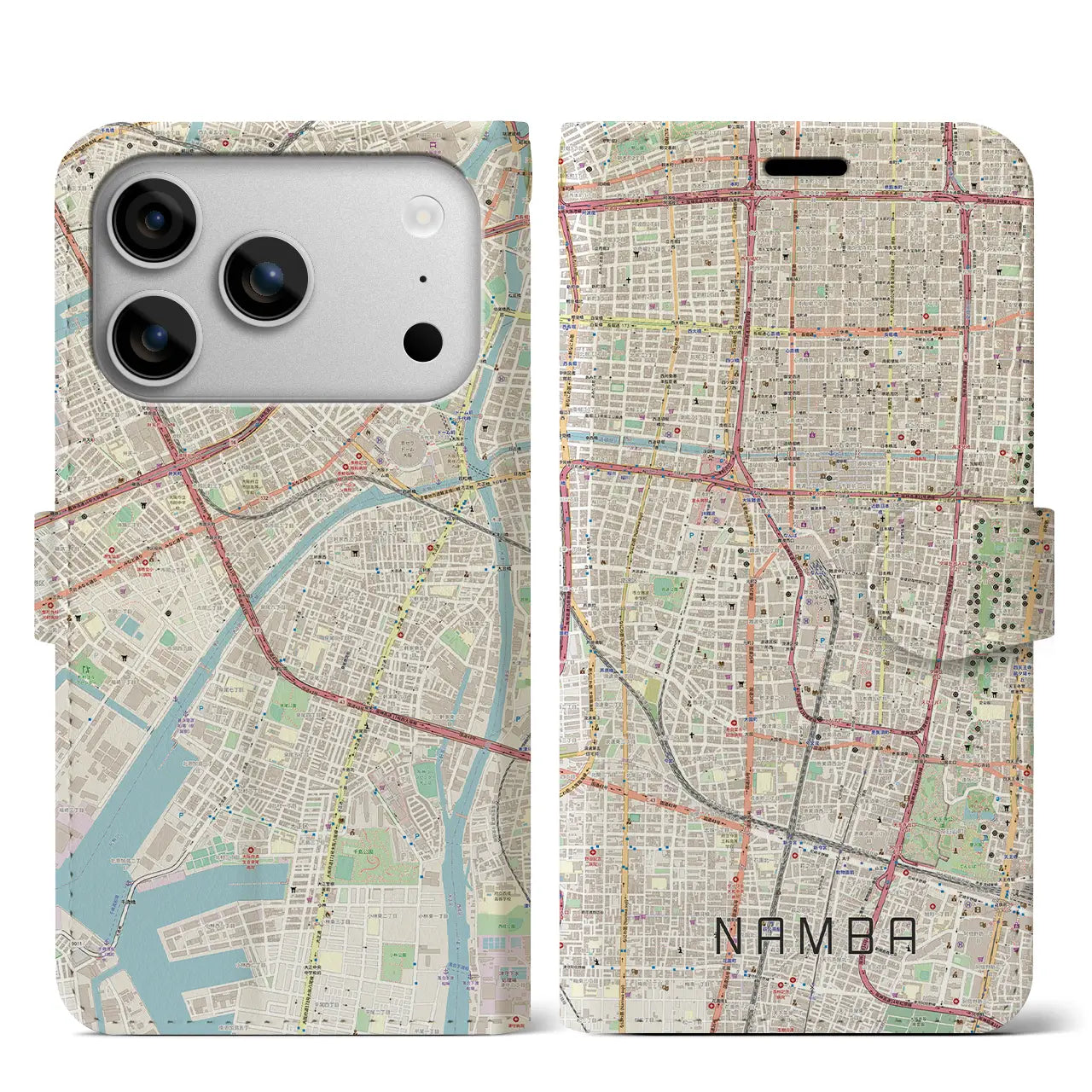 【難波（大阪府）】地図柄iPhoneケース（手帳タイプ）