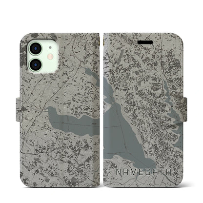 【行方（茨城県）】地図柄iPhoneケース（手帳タイプ）モノトーン・iPhone 12 mini 用