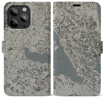 【行方（茨城県）】地図柄iPhoneケース（手帳タイプ）モノトーン・iPhone 15 Pro Max 用