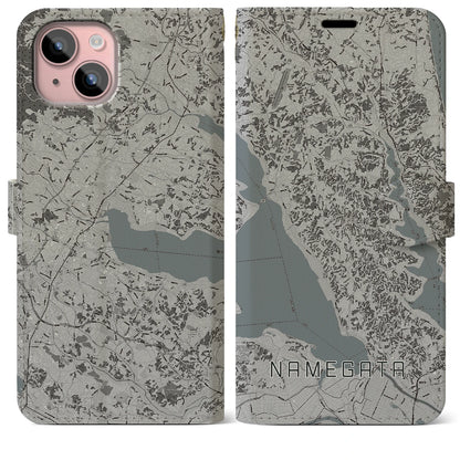 【行方（茨城県）】地図柄iPhoneケース（手帳タイプ）モノトーン・iPhone 15 Plus 用