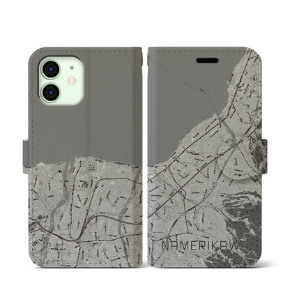 【滑川（富山県）】地図柄iPhoneケース（手帳タイプ）モノトーン・iPhone 12 mini 用
