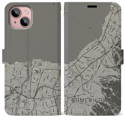 【滑川（富山県）】地図柄iPhoneケース（手帳タイプ）モノトーン・iPhone 15 Plus 用