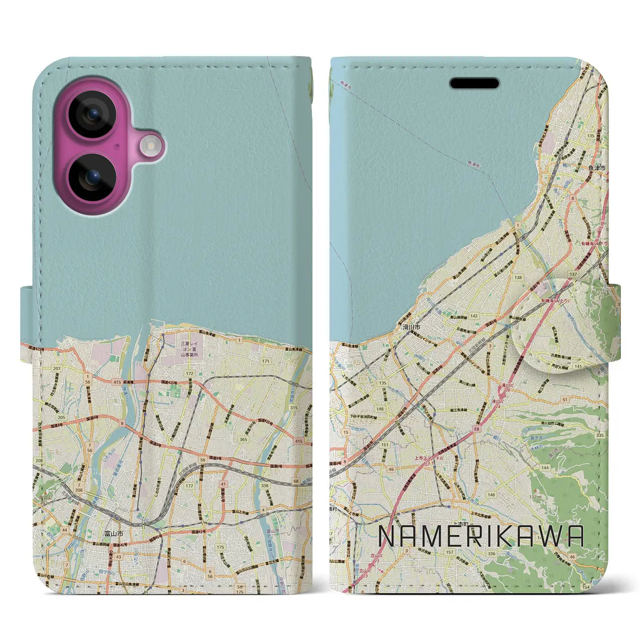 【滑川（富山県）】地図柄iPhoneケース（手帳タイプ）ナチュラル・iPhone 16 Pro 用