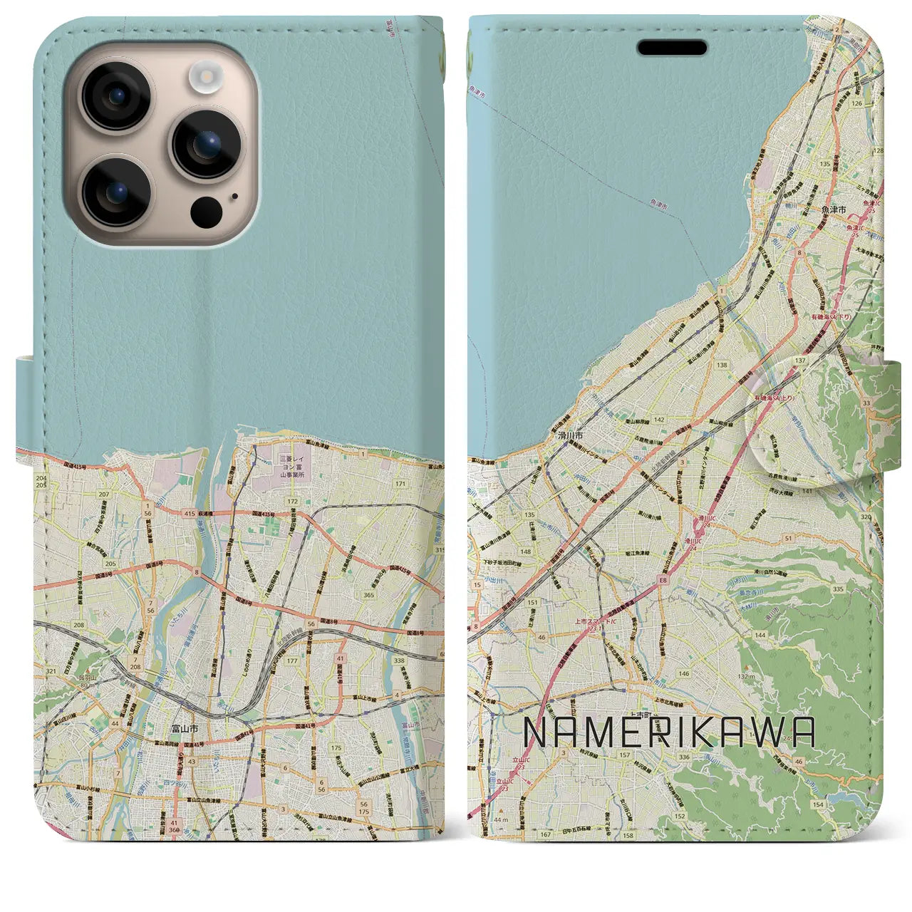 【滑川（富山県）】地図柄iPhoneケース（手帳タイプ）ナチュラル・iPhone 16 Plus 用