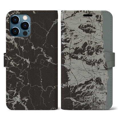 【浪江（福島県）】地図柄iPhoneケース（手帳タイプ）モノトーン・iPhone 12 / 12 Pro 用