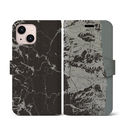 【浪江（福島県）】地図柄iPhoneケース（手帳タイプ）モノトーン・iPhone 13 mini 用