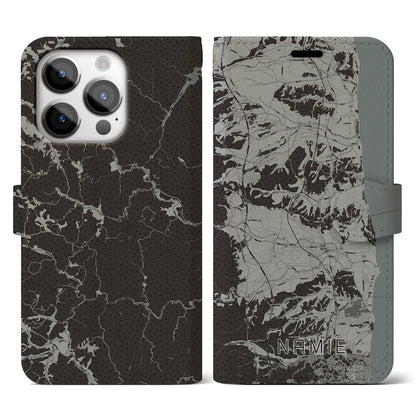 【浪江（福島県）】地図柄iPhoneケース（手帳タイプ）モノトーン・iPhone 14 Pro 用