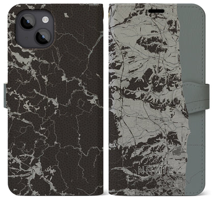 【浪江（福島県）】地図柄iPhoneケース（手帳タイプ）モノトーン・iPhone 14 Plus 用