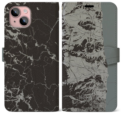 【浪江（福島県）】地図柄iPhoneケース（手帳タイプ）モノトーン・iPhone 15 Plus 用