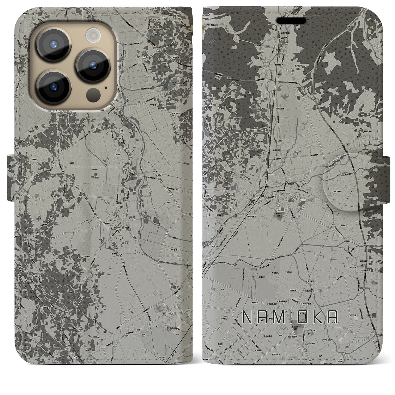 【浪岡】地図柄iPhoneケース（手帳両面タイプ・モノトーン）iPhone 14 Pro Max 用