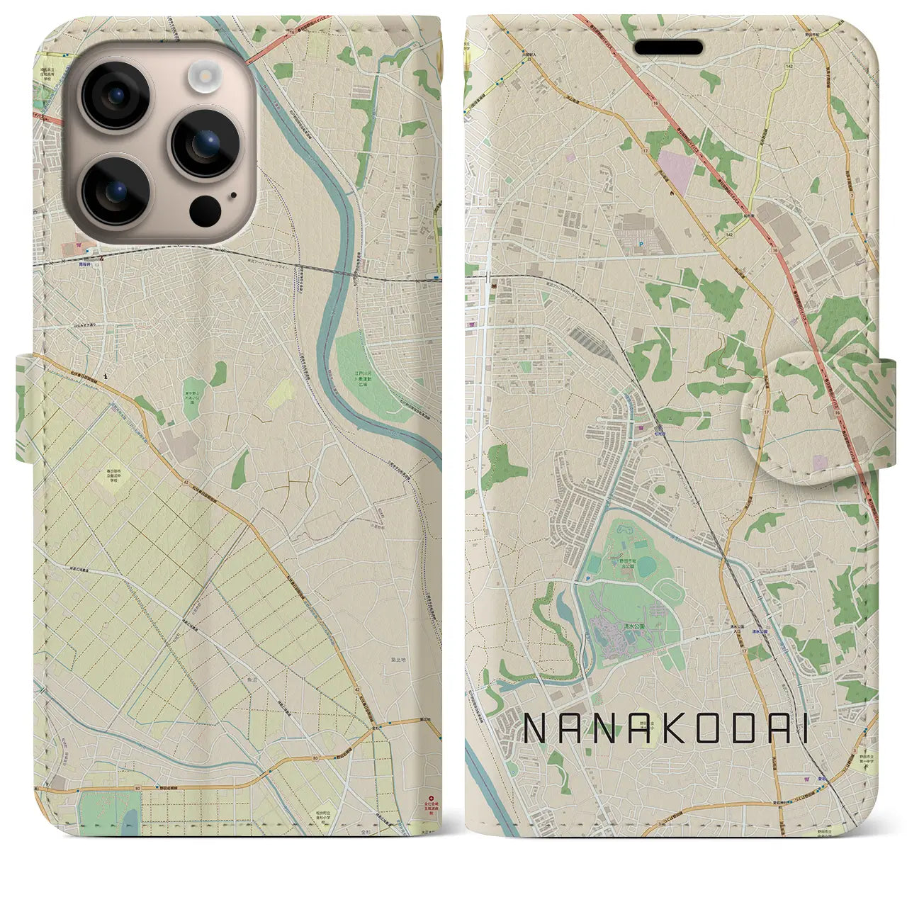 【七光台（千葉県）】地図柄iPhoneケース（手帳タイプ）ナチュラル・iPhone 16 Plus 用